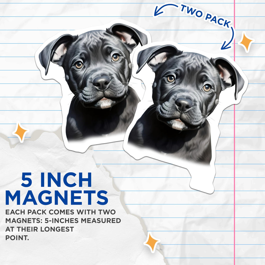 (2 Pack) Black Pitbull Puppy Magnets - Staffy Dog Lover Decor - Pet Owner Refrigerator Home Accent - 5 Inches On Longest Side - Thick Durable Magnet - Made in USA - MAG30574