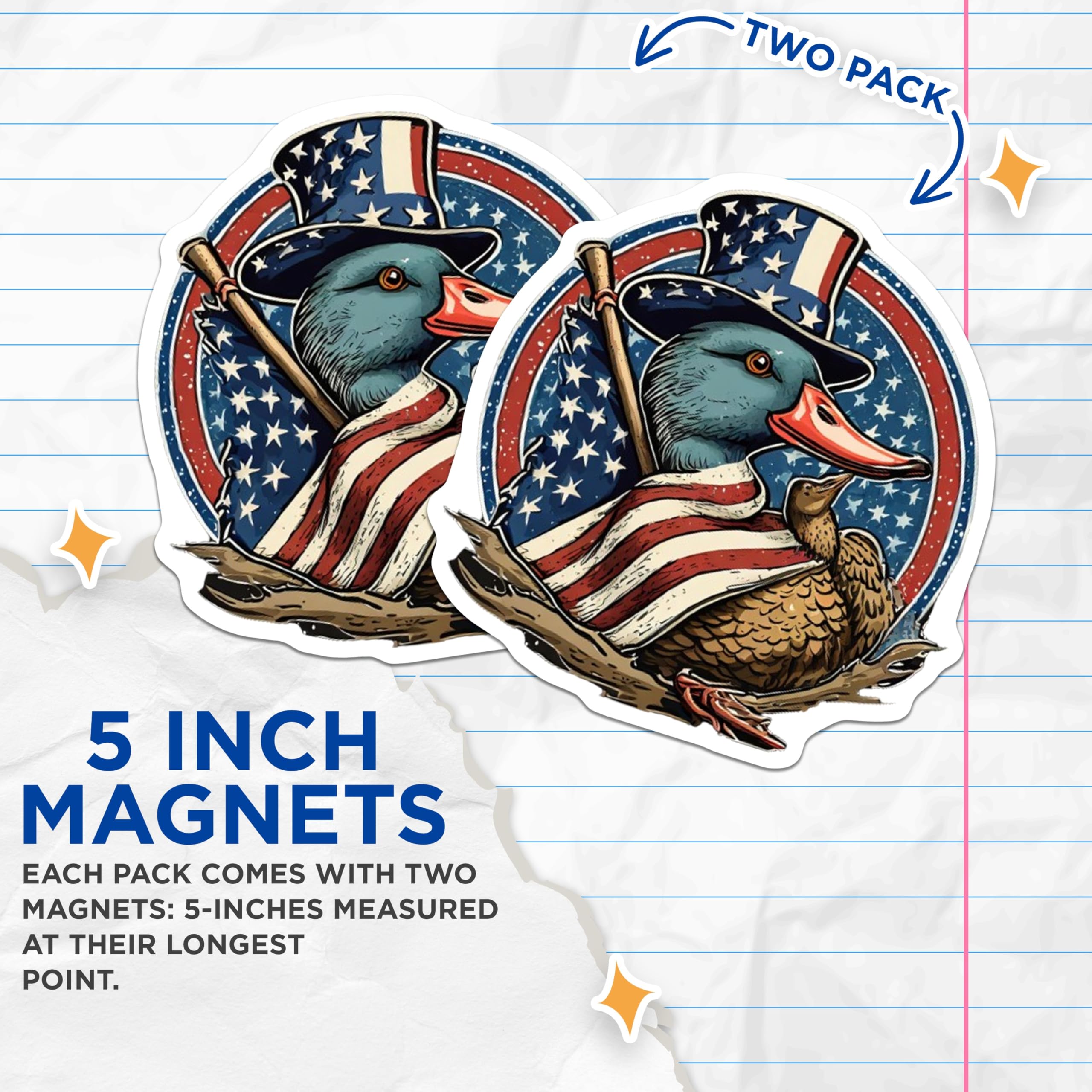 (2 Pack) Patriotic Duck Magnets - Uncle Sam Duck Decor - American Flag Animal Art - 4th of July Refrigerator Decorations - 5 Inches On Longest Side - Thick Durable Magnet - Made in USA - MAG20767