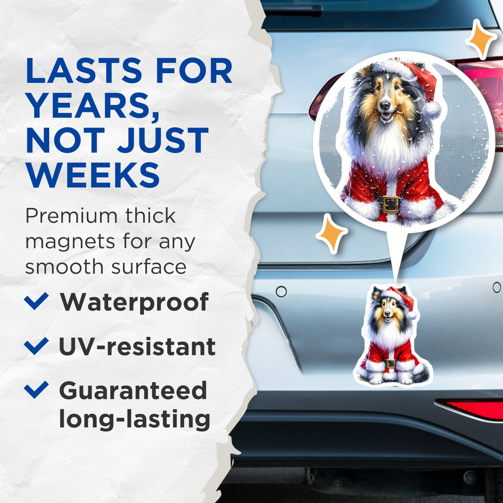 (2 Pack) Christmas Dog Magnets - Santa Sheltie Collie Magnet - Holiday Pet Lover Decor - Festive Dog Parent Present - 5 Inches On Longest Side - Thick Durable Magnet - Made in USA - MAG30989