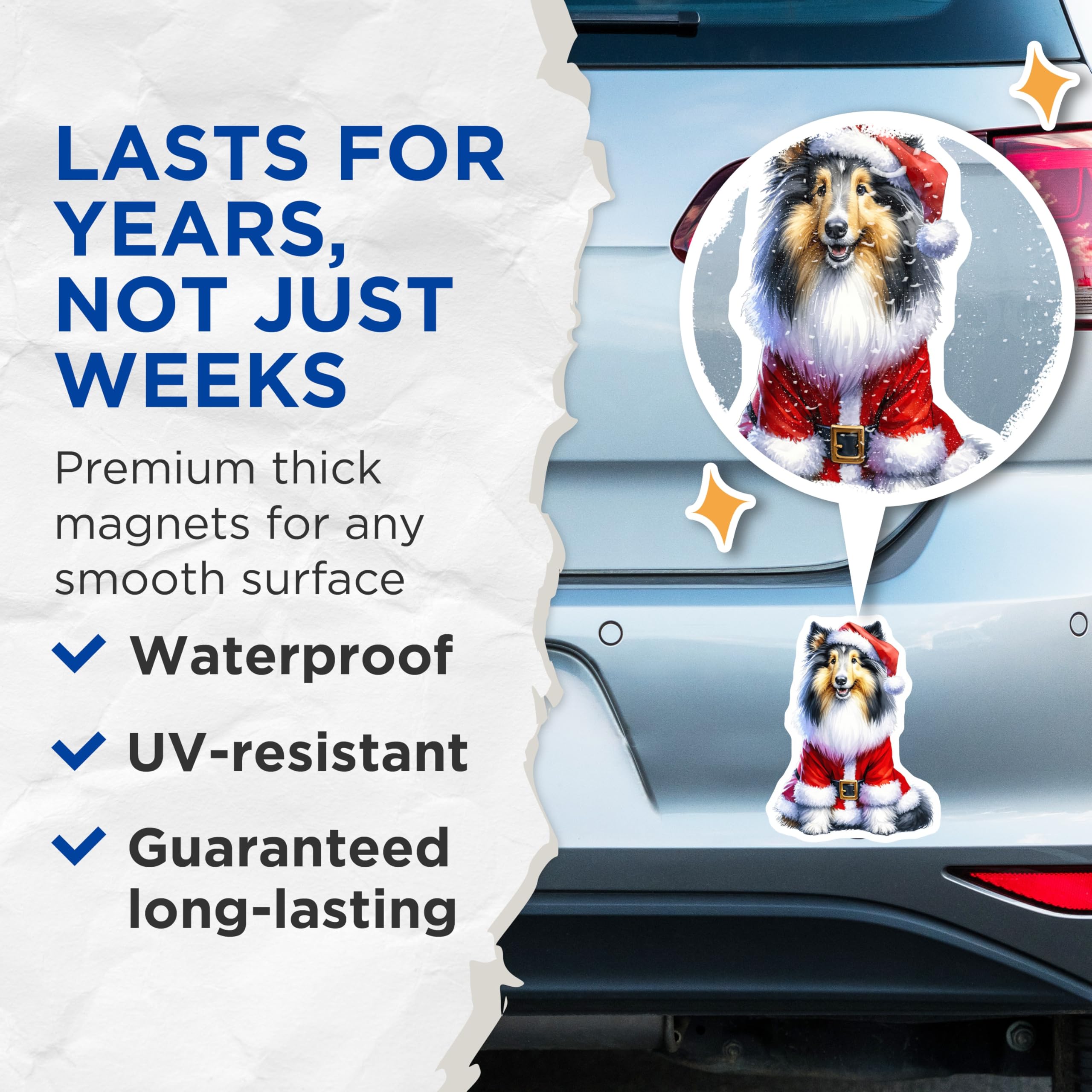 (2 Pack) Christmas Dog Magnets - Santa Sheltie Collie Magnet - Holiday Pet Lover Decor - Festive Dog Parent Present - 5 Inches On Longest Side - Thick Durable Magnet - Made in USA - MAG30989