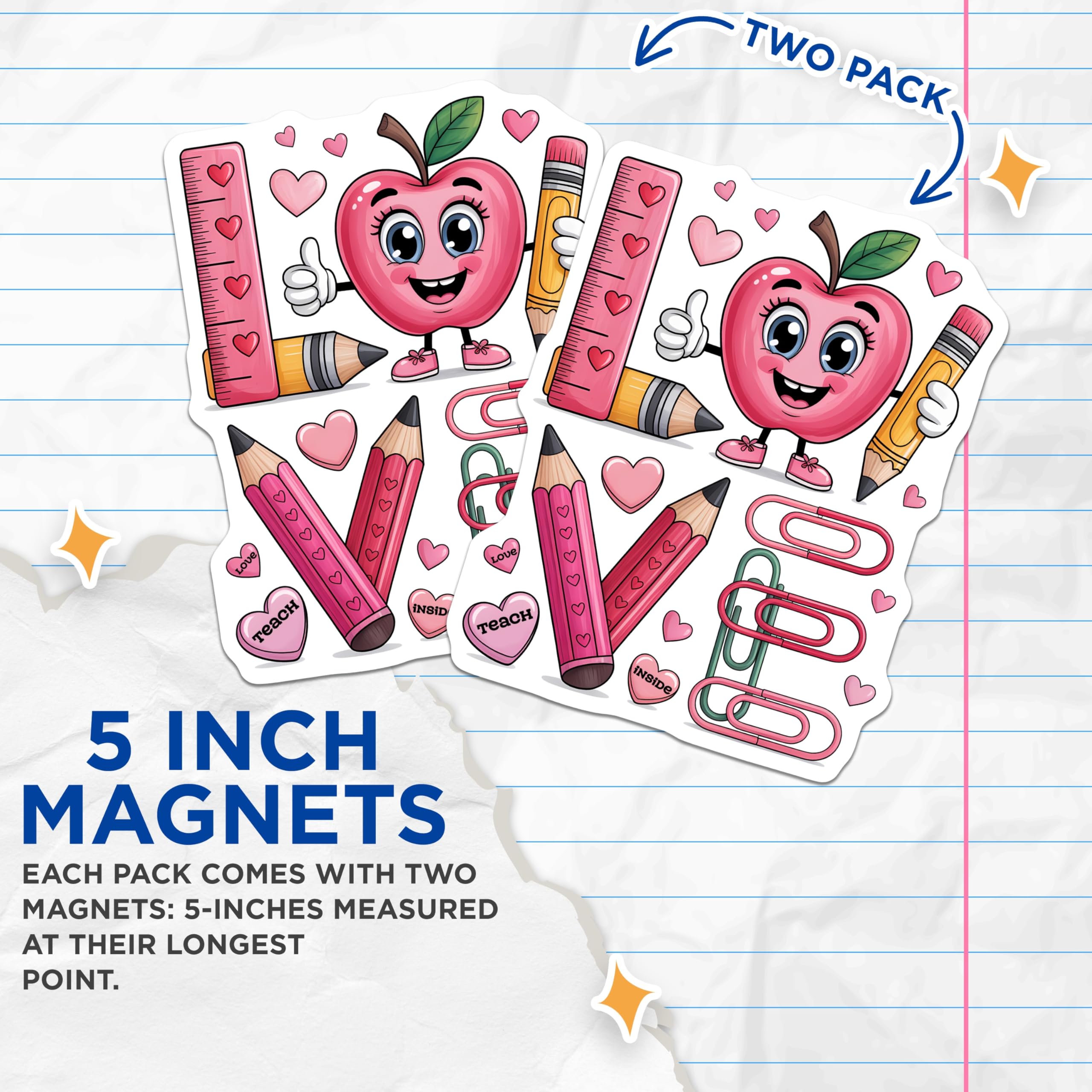 (2 Pack) Teacher Magnets - Apple Cartoon - School Supply Magnets - 5" On Longest Side - Premium Magnet - for Cars, Refrigerators, Toolboxes, Lockers - Made in USA - MAG16550