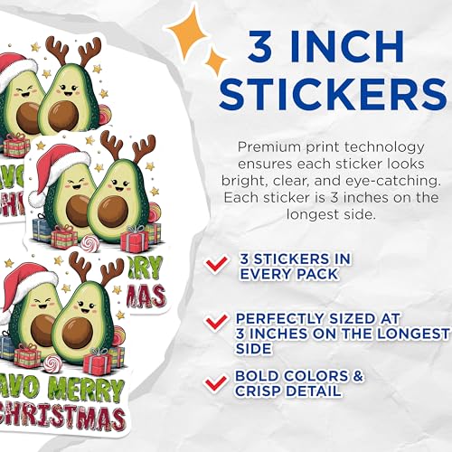 (3 Pack) Avocado Christmas Decals - AVO Merry Christmas - Holiday Laptop Decal - 3 Inches On Longest Side - Easy Peel & Apply - Made in USA - 3MCS7144