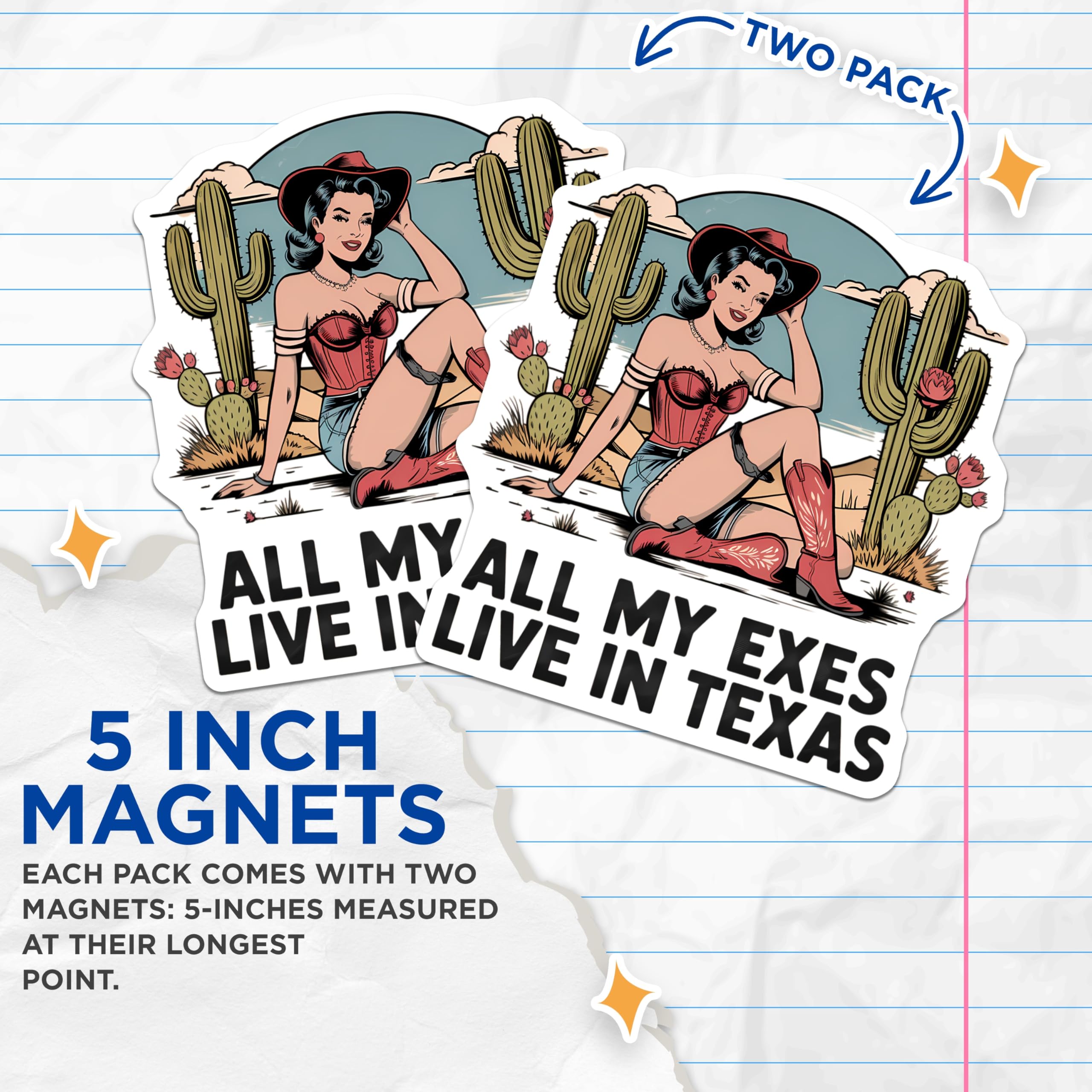 (2 Pack) Pin Up Cowgirl Magnets - All My Exes Live in Texas Song Lyric - Desert Western Country Decor Accents - 5 Inches On Longest Side - Thick Durable Magnet - Made in USA - MAG20741