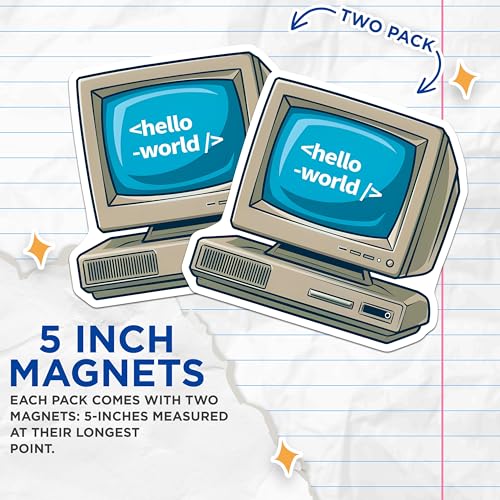 (2 Pack) Hello World Computer Magnets - Retro Tech Decor - 5" On Longest Side - for Cars, Fridges, Toolboxes - Made in USA - MAG7420