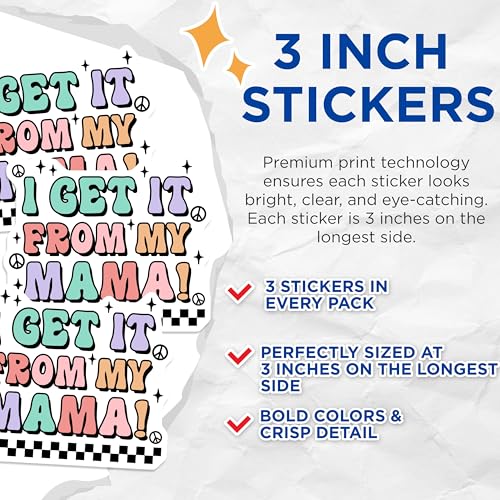 (3 Pack) I Get It from My Mama Decals - Retro Mom - Groovy Mama Decals - Motherhood Stickers - 3 Inches On Longest Side - Easy Peel & Apply - Made in USA - 3MCS6945