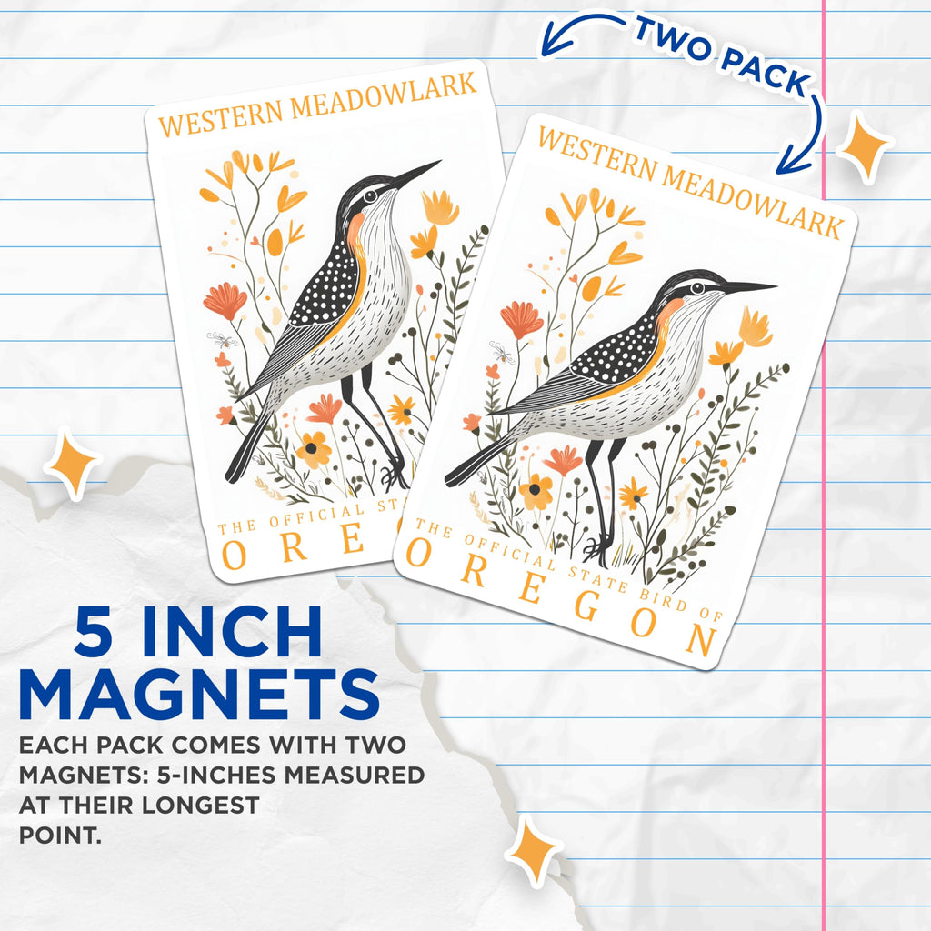 (2 Pack) Meadowlark Magnets - Oregon State Bird - Floral Bird Lover Decor - 5" On Longest Side - Premium Magnet - for Cars, Refrigerators, Toolboxes, Lockers - Made in USA - MAG18952