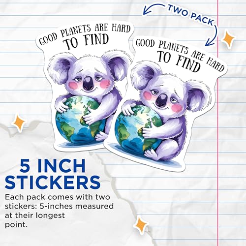 (2 Pack) Environmental Conservation Stickers - Koala Planet Earth - Eco-Friendly Messages - 5" On Longest Side - Sticks to Smooth Flat Surfaces - Made in USA - BMCS8448