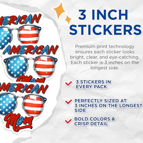 (3 Pack) American Mom Decals - USA Flag Sunglasses - Patriotic Decal - 3 Inches On Longest Side - Easy Peel & Apply - Made in USA - 3MCS6213