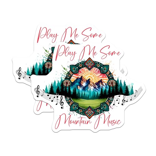 (2 Pack) Play Me Some Mountain Music Stickers - Nature Music Vinyl Stickers - Scenic Mountain Decal - 5" On Longest Side - Sticks to Any Smooth Flat Surface - Made in USA - BMCS3277