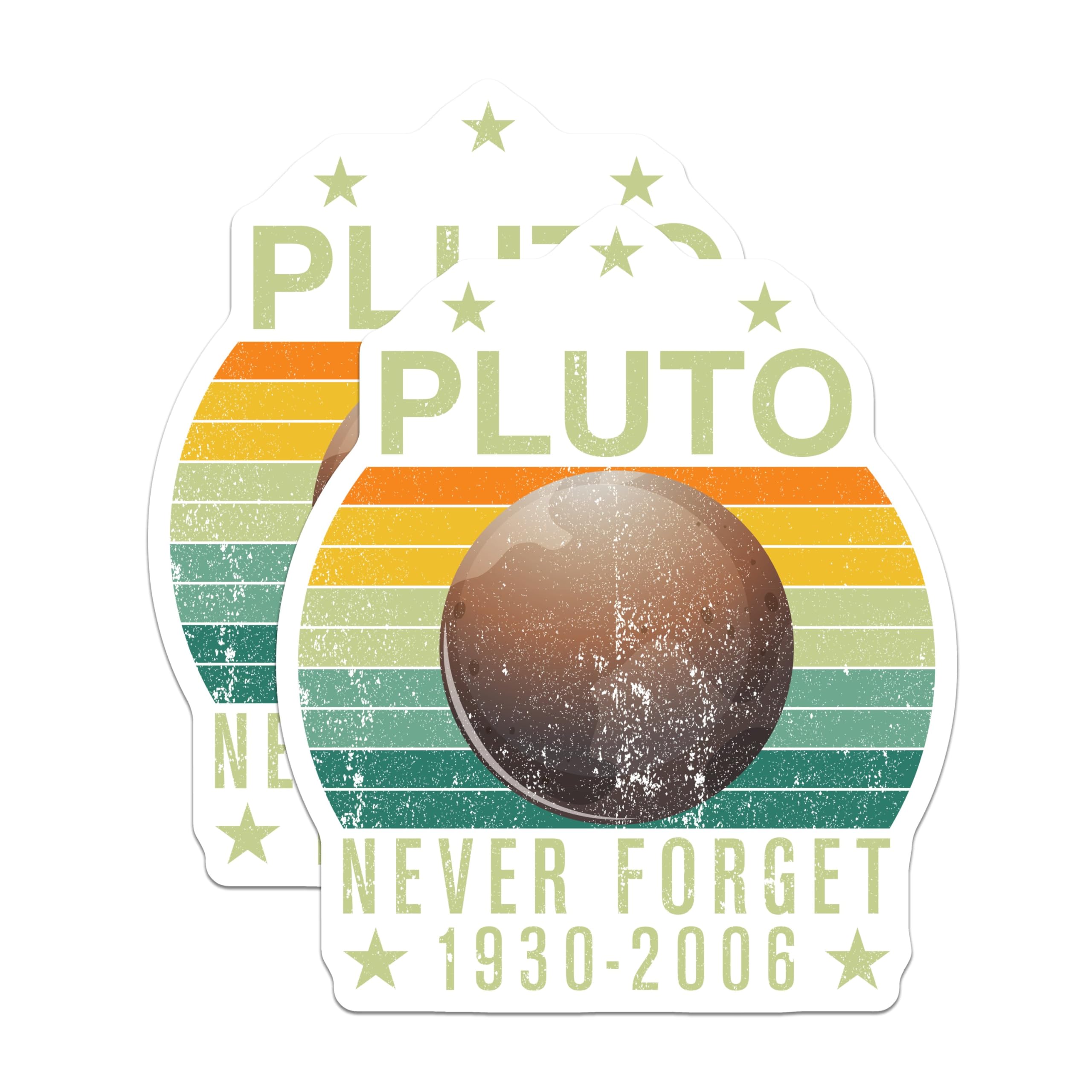 (2 Pack) Pluto Never Forget Stickers - Retro Space Stickers - Planet Pluto Decal - 5" On Longest Side - Sticks to Smooth Flat Surfaces - Made in USA - BMCS5215