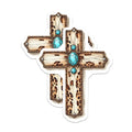 (2 Pack) Leopard Print Cross Stickers - Christian Art - Turquoise Stone Accent - 5" On Longest Side - Sticks to Smooth Flat Surfaces - Made in USA - BMCS8741