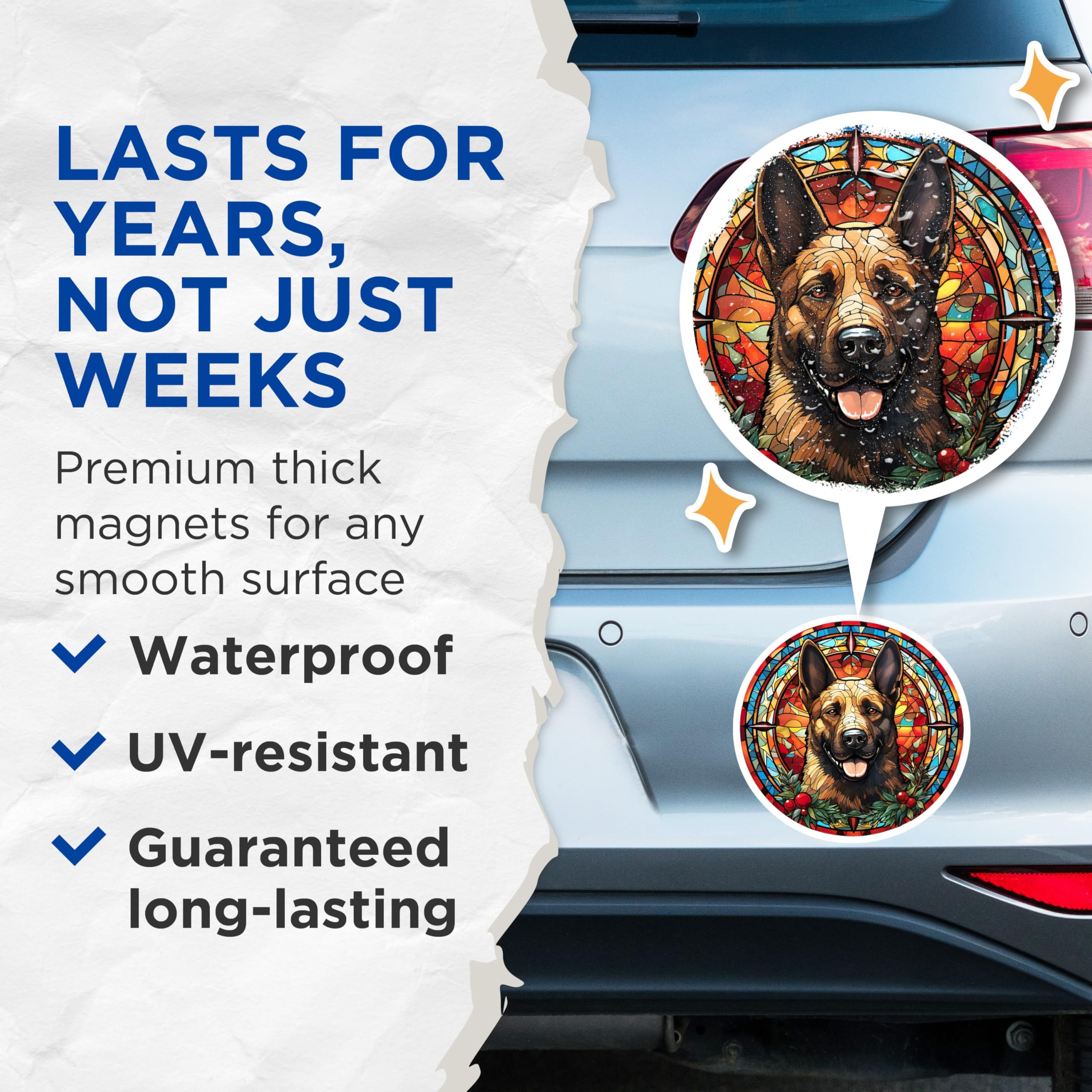 (2 Pack) German Shepherd Magnets - Vibrant Stained Glass Dog Art Design - Holiday Canine Pet Decor for Fridge - 5 Inches On Longest Side - Thick Durable Magnet - Made in USA - MAG23370