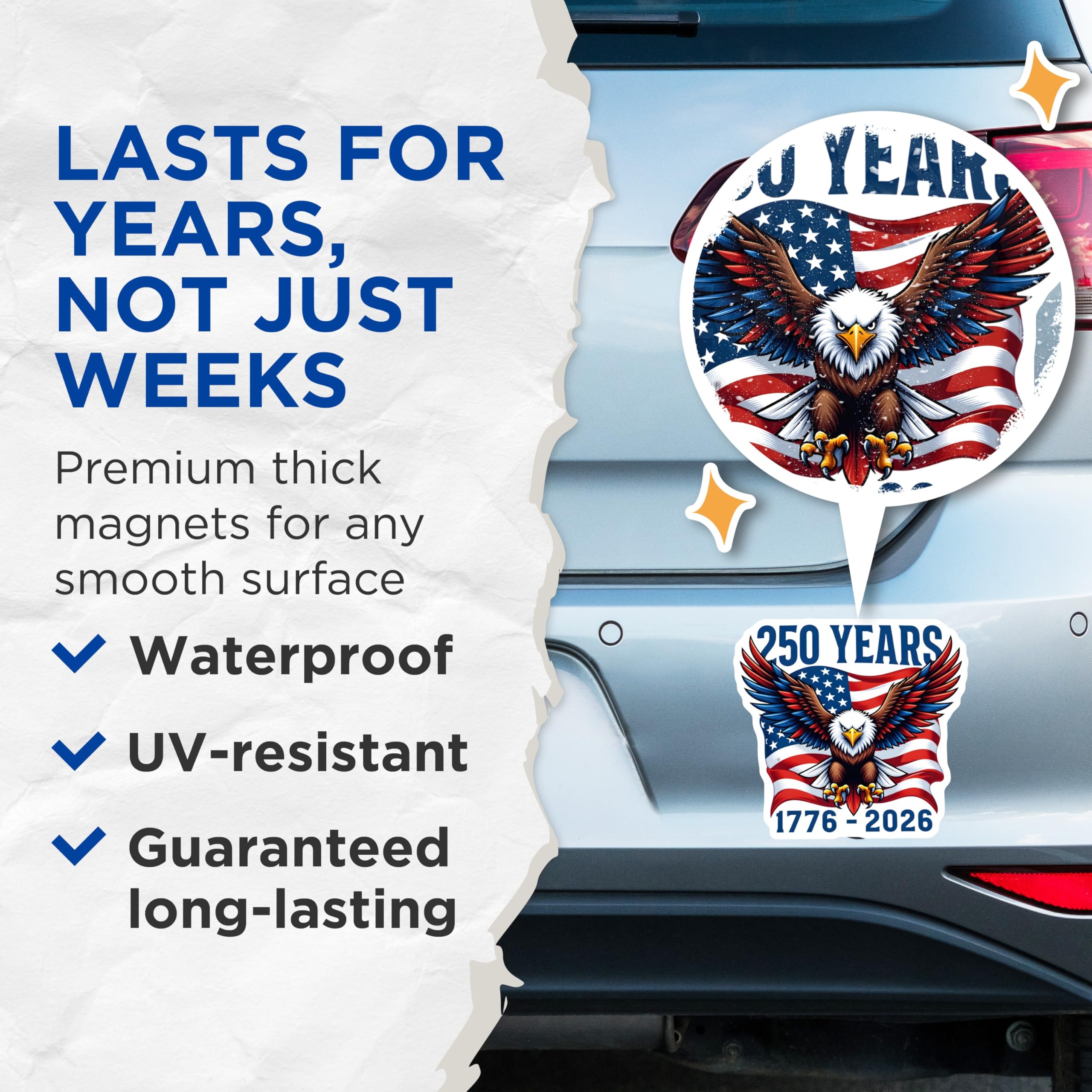 (2 Pack) 250 Years American Eagle Magnets - Patriotic USA Flag - Independence Day Decor - 5 Inches On Longest Side - Thick Durable Magnet - Made in USA - MAG30828