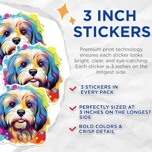 (3 Pack) Colorful Dog Decals - Cute Puppy Art - Laptop Decals - 3 Inches On Longest Side - Easy Peel & Apply - Made in USA - 3MCS0770