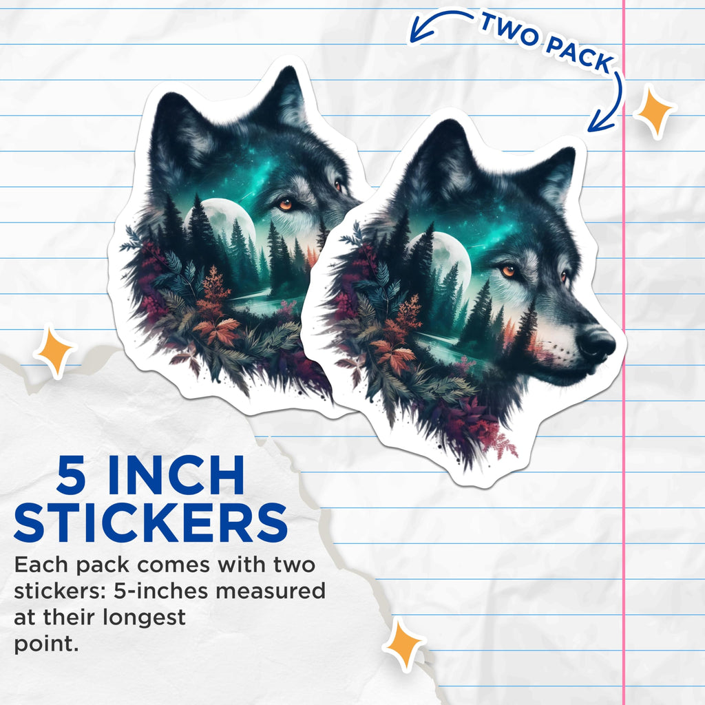 (2 Pack) Wolf Stickers - Galaxy Moon Design - Animal Lover Stickers - 5" On Longest Side - Sticks to Smooth Flat Surfaces - Made in USA - BMCS15114