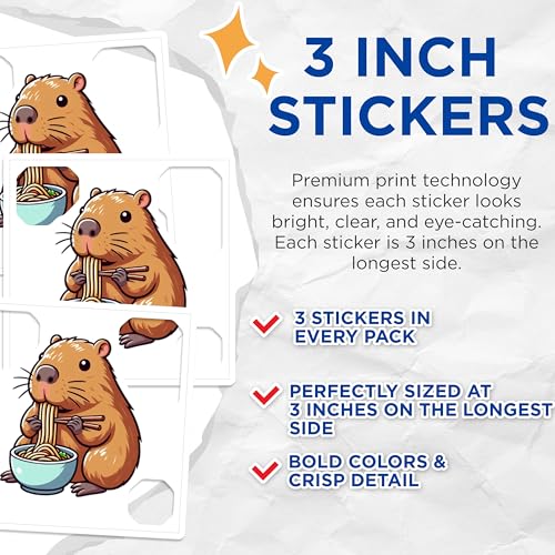 (3 Pack) Capybara Ramen Decals - Noodle Lover - Cute Animal Decal - 3 Inches On Longest Side - Easy Peel & Apply - Made in USA - 3MCS8681