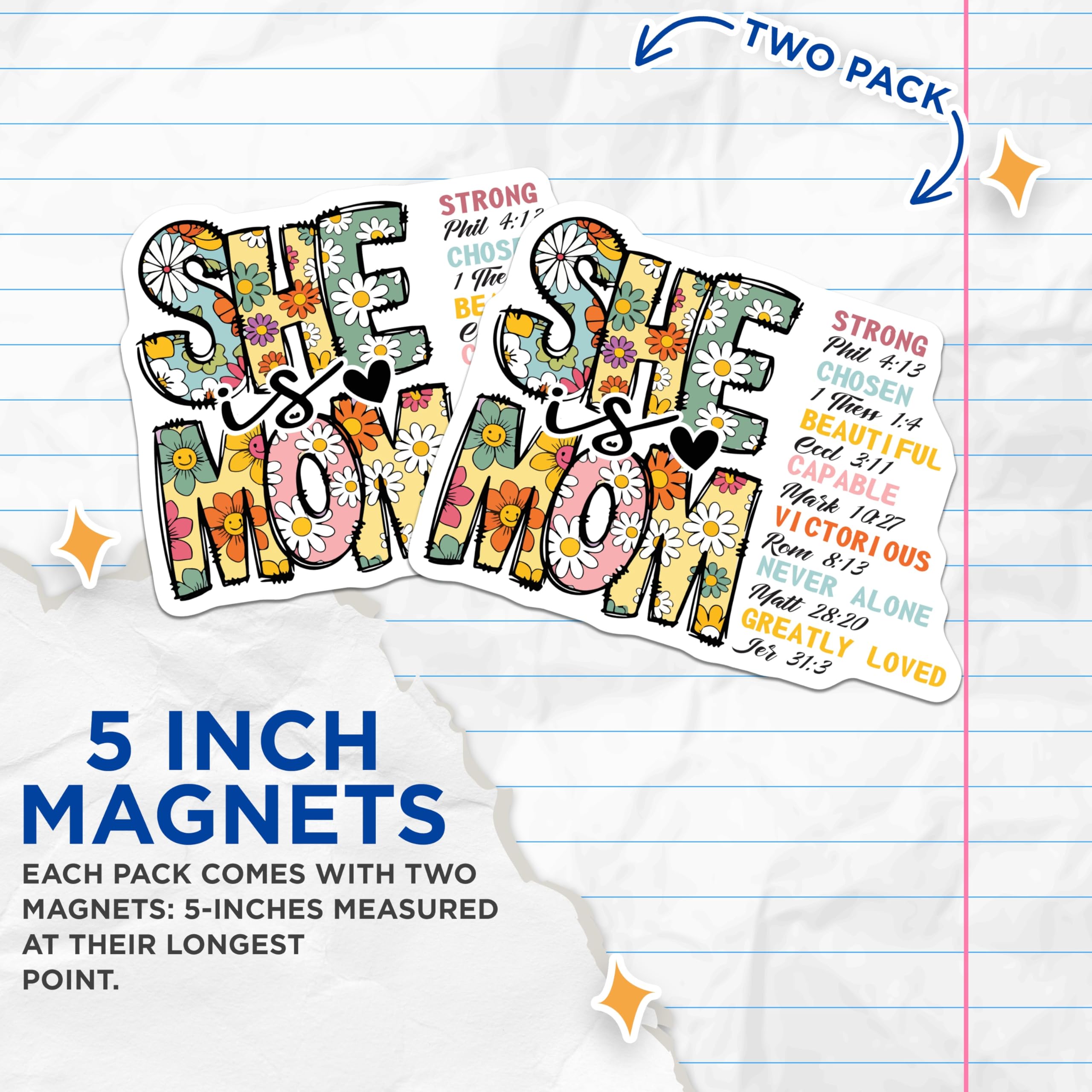 (2 Pack) She is Mom Magnets - Christian Motherhood Affirmations - Inspirational Bible Verse - Floral Retro Fridge Decor - 5 Inches On Longest Side - Thick Durable Magnet - Made in USA - MAG20724