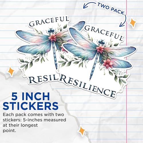 (2 Pack) Dragonfly Graceful Resilience Stickers - Motivational Floral Dragonfly - 5" On Longest Side - Sticks to Any Smooth Flat Surface - Made in USA - BMCS2679