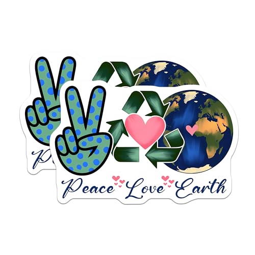 (2 Pack) Peace Love Earth Stickers - Eco Friendly Decals - 5" On Longest Side - Sticks to Smooth Flat Surfaces - Made in USA - BMCS8454 - BMCS8454