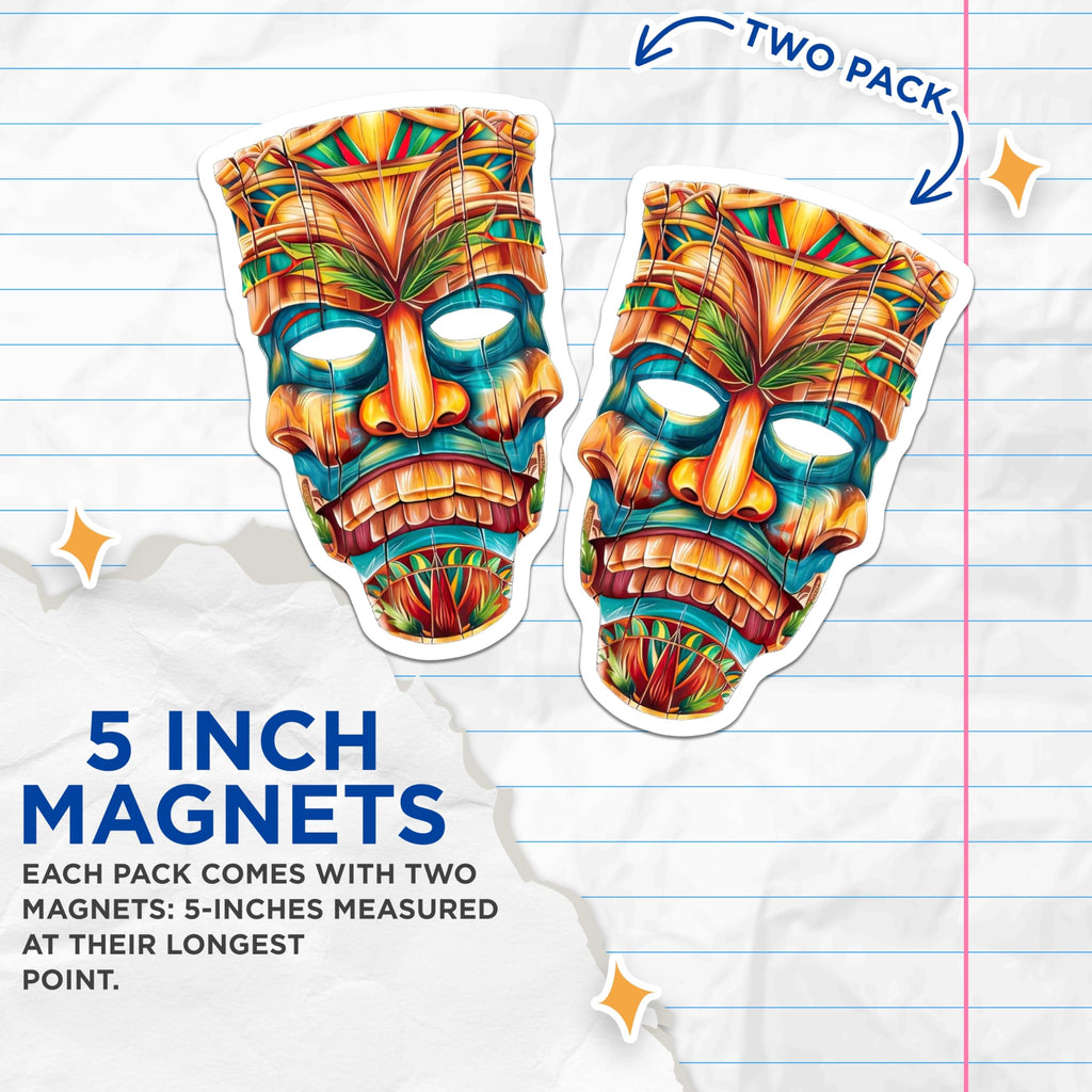 (2 Pack) Ornate Tiki Mask Magnets - Vibrant Polynesian Art Hawaiian Decor - Tropical Island Refrigerator Accents - 5 Inches On Longest Side - Thick Durable Magnet - Made in USA - MAG22057