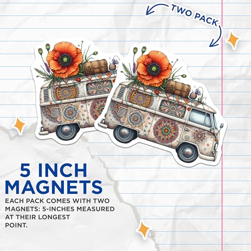 (2 Pack) Boho Van Art Magnets Magnets - Hippie Van Illustration - 5" On Longest Side - Made in USA - Sticks to Refrigerators & Metal Surfaces - MAG8869