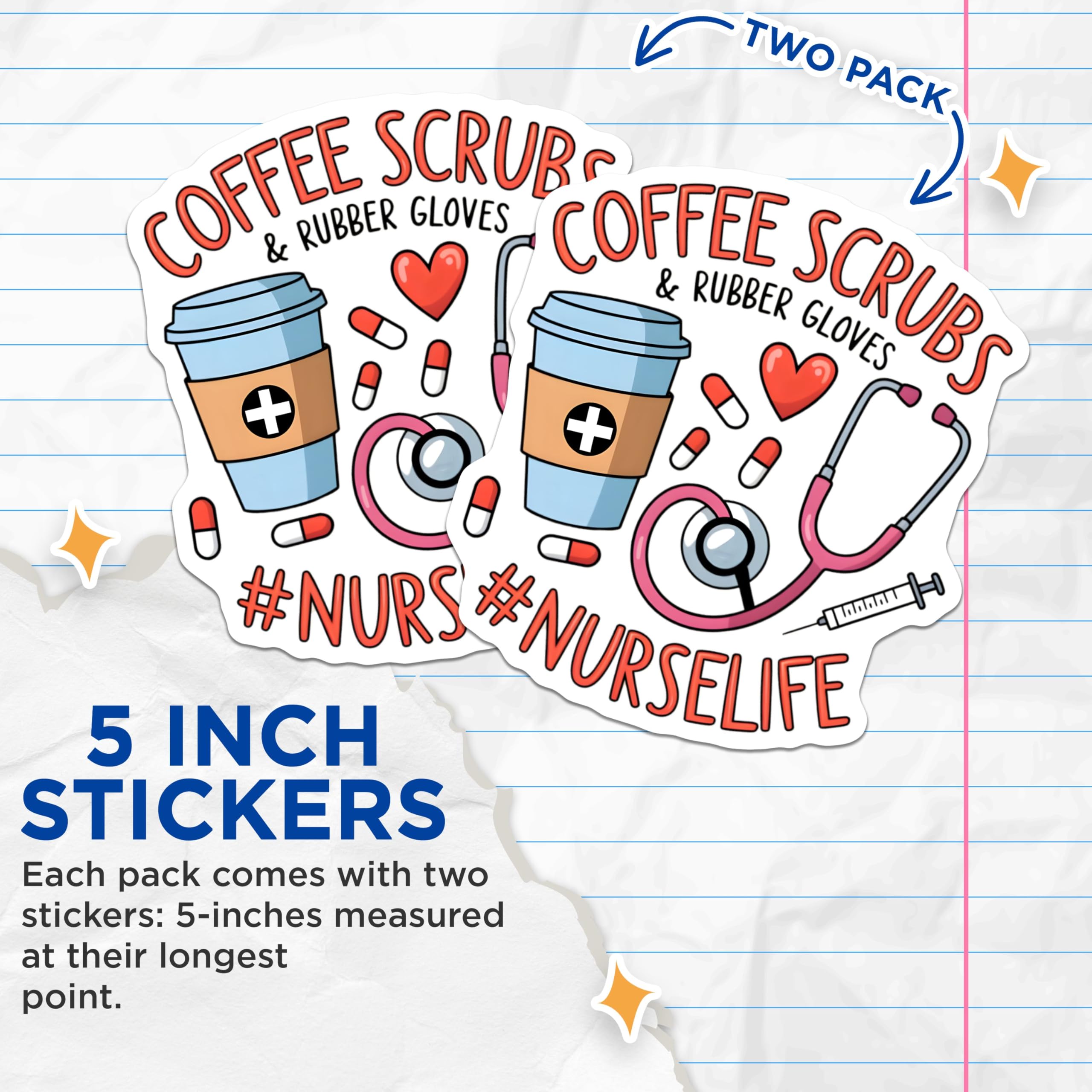 (2 Pack) Coffee Scrubs and Rubber Gloves Stickers - Nurse Life - Medical Themed - Stethoscope and Syringe - 5" On Longest Side - Sticks to Smooth Flat Surfaces - Made in USA - BMCS6975