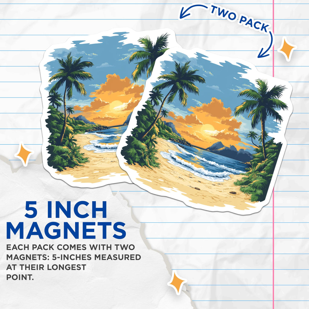 (2 Pack) Tropical Sunset Magnets - Golden Beach Palm Tree Scene - Ocean Waves Island Decor - 5 Inches On Longest Side - Thick Durable Magnet - Made in USA - MAG23435