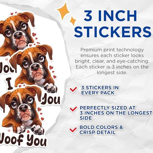 (3 Pack) Boxer Dog Decals - I Woof You - Laptop Decal - 3 Inches On Longest Side - Easy Peel & Apply - Made in USA - 3MCS1397