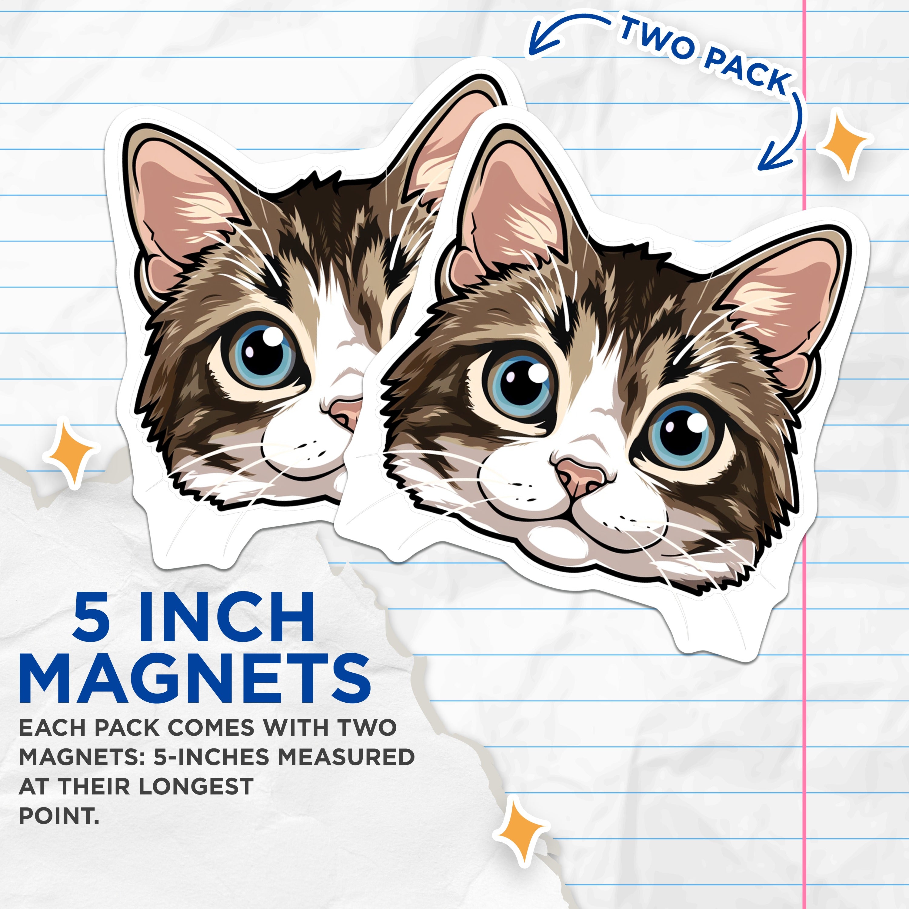 (2 Pack) Adorable Cat Face Magnets - Blue Eyed Kitty Fridge Decor - Pet Enthusiast Home Accent - Feline Lover Item - 5 Inches On Longest Side - Thick Durable Magnet - Made in USA - MAG37385