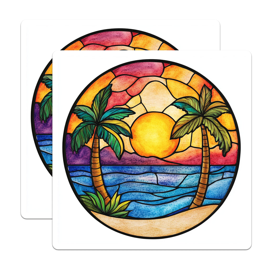 (2 Pack) Stained Glass Magnets - Tropical Palm Tree Beach - Ocean Sunset Coastal Decor - 5 Inches On Longest Side - Thick Durable Magnet - Made in USA - MAG28460