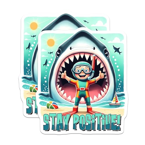 (2 Pack) Stay Positive Stickers - Motivational Shark Sticker - Inspirational Beach Theme - 5" On Longest Side - Sticks to Smooth Flat Surfaces - Made in USA - BMCS9683