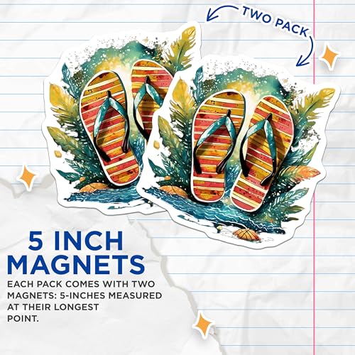 (2 Pack) Summer Beach Flip Flop Magnets Magnets - Tropical Holiday - Vacation Decor - 5" On Longest Side - Made in USA - Sticks to Refrigerators & Metal Surfaces - MAG9322
