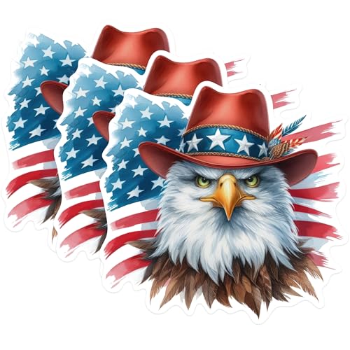 (3 Pack) American Eagle Decals - Cowboy Hat Sticker - USA Flag Decal - 3 Inches On Longest Side - Easy Peel & Apply - Made in USA - 3MCS0253
