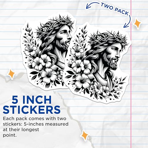 (2 Pack) Jesus Christ Stickers - Religious Art - Christian Symbol - Faith Vinyl Decals - 5" On Longest Side - Sticks to Smooth Flat Surfaces - Made in USA - BMCS7329
