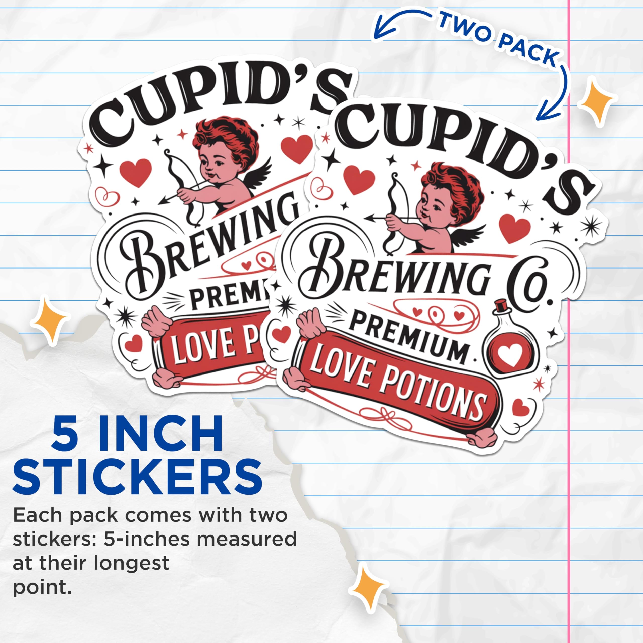 (2 Pack) Cupid's Brewing Co Stickers - Premium Love Potions Stickers - Valentine's Day Stickers for Couples - 5" On Longest Side - Sticks to Any Smooth Flat Surface - Made in USA - BMCS2889