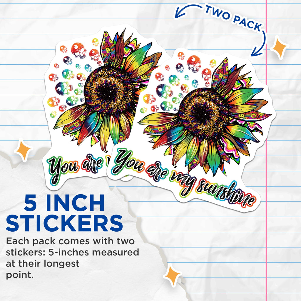 (2 Pack) You are My Sunshine Stickers - Sunflower Skull Stickers - Inspirational Quote Stickers - 5" On Longest Side - Sticks to Smooth Flat Surfaces - Made in USA - BMCS4725