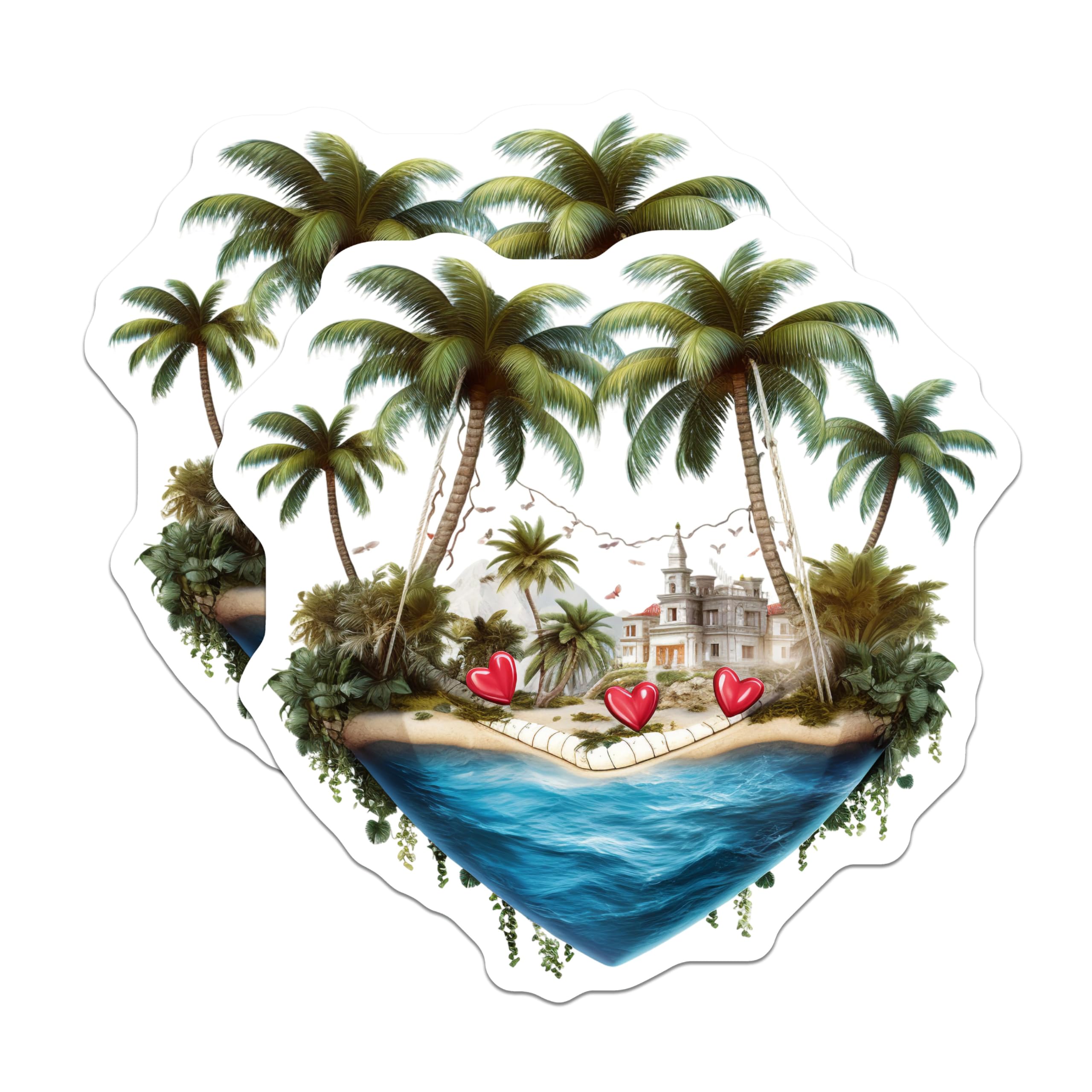 (2 Pack) Heart Island Magnets - Tropical Mansion Paradise - Palm Trees Ocean Beach Hearts Decor - 5 Inches On Longest Side - Thick Durable Magnet - Made in USA - MAG20118