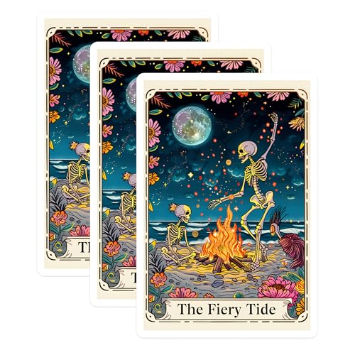 (3 Pack) Fiery Tide Decals - Skeleton Beach Party - Moonlit Bonfire Laptop Decals - 3 Inches On Longest Side - Easy Peel & Apply - Made in USA - 3MCS0022