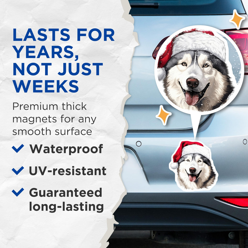(2 Pack) Christmas Husky Magnets - Santa Dog Lover Decor - Xmas Stocking Stuffer - 5 Inches On Longest Side - Thick Durable Magnet - Made in USA - MAG26608