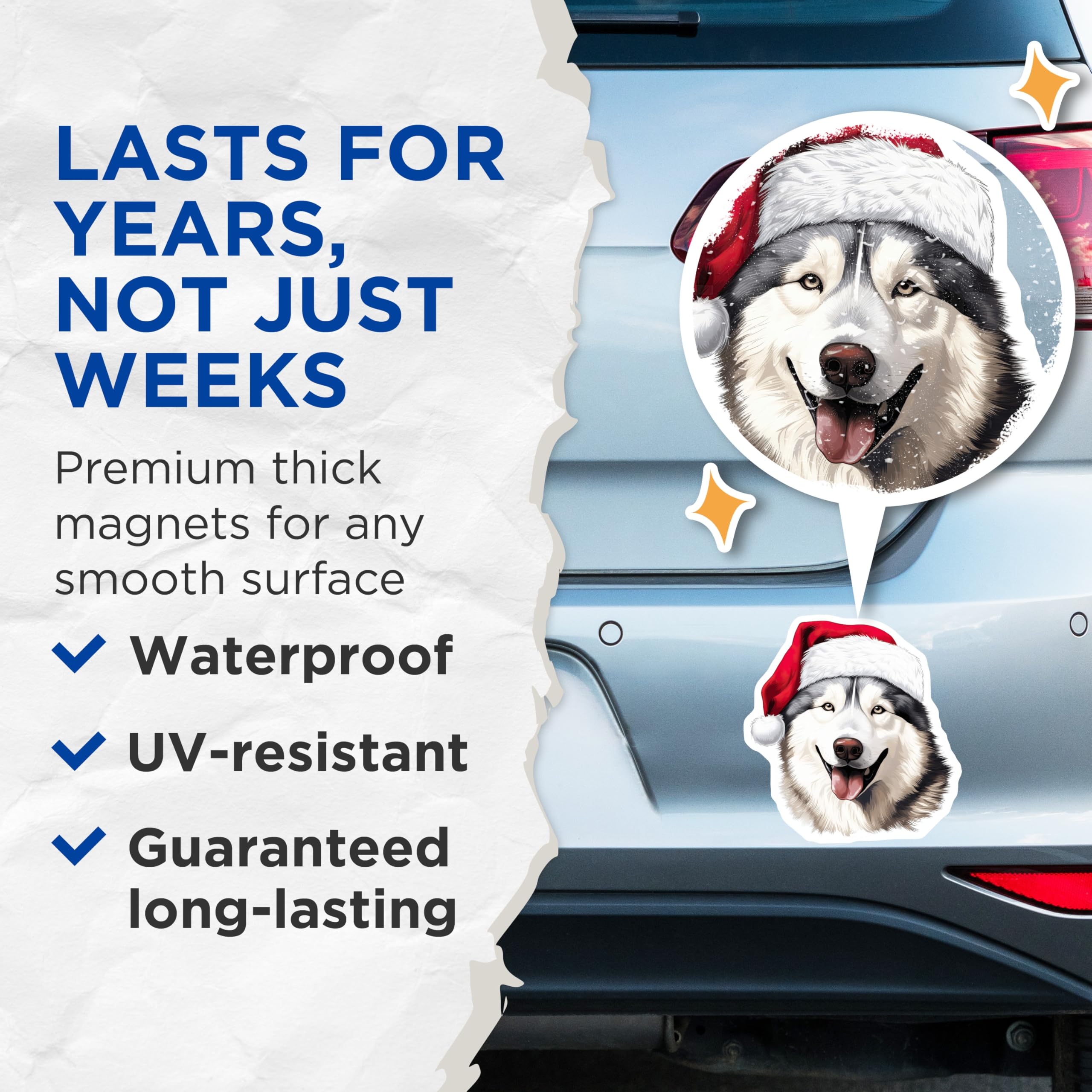 (2 Pack) Christmas Husky Magnets - Santa Dog Lover Decor - Xmas Stocking Stuffer - 5 Inches On Longest Side - Thick Durable Magnet - Made in USA - MAG26608