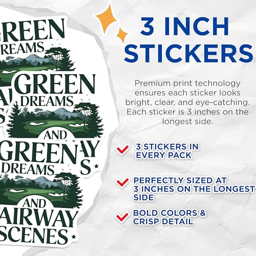 (3 Pack) Golf Course Decals - Green Dreams - Fairway Scenes - Laptop Decals - 3 Inches On Longest Side - Easy Peel & Apply - Made in USA - 3MCS2981