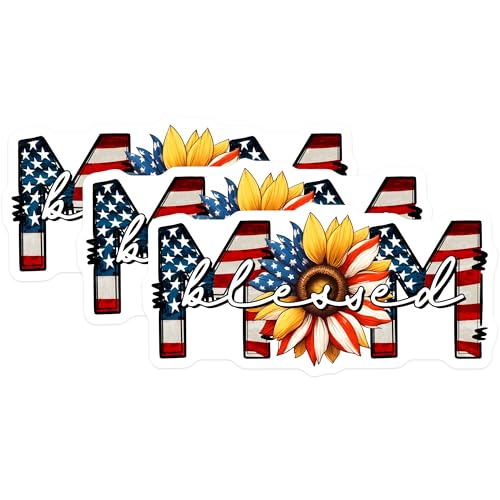 (3 Pack) Blessed Mom Decals - American Flag Sunflower - Patriotic Laptop Decals - 3 Inches On Longest Side - Easy Peel & Apply - Made in USA - 3MCS6215