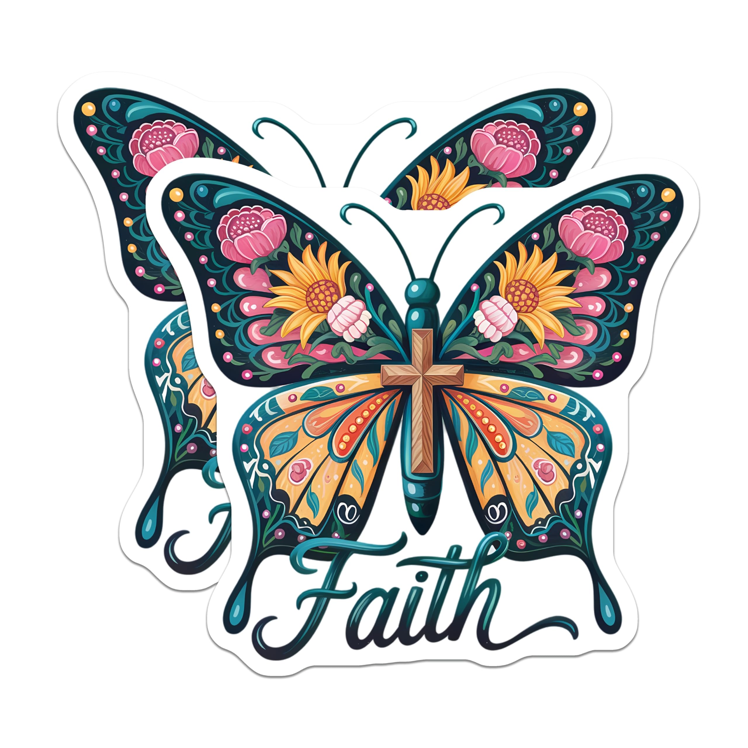 (2 Pack) Faith Butterfly Magnets - Religious Cross Art - Inspirational Floral Decor - Spiritual Home Accents - 5 Inches On Longest Side - Thick Durable Magnet - Made in USA - MAG21791