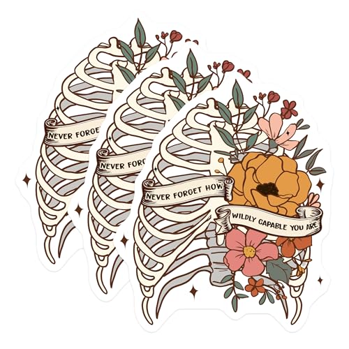 (3 Pack) Rib Cage Decals - Floral Skeleton - Motivational Stickers- 3 Inches On Longest Side - Easy Peel & Apply - Made in USA - 3MCS5202
