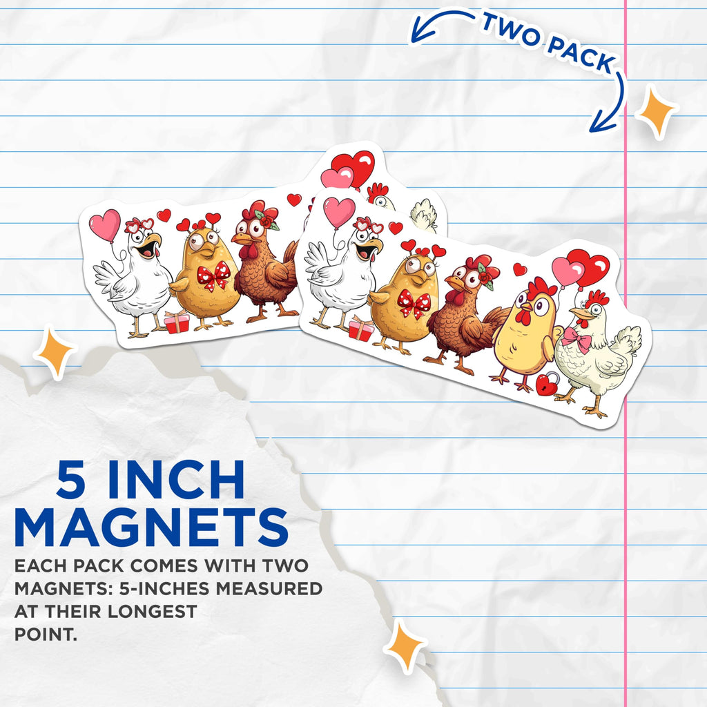 (2 Pack) Cartoon Chicken Valentines Magnets - Cute Chicken Love - Funny Farm Animal with Hearts - 5" On Longest Side - for Cars, Refrigerators, Toolboxes, Lockers - Made in USA BMCS3472