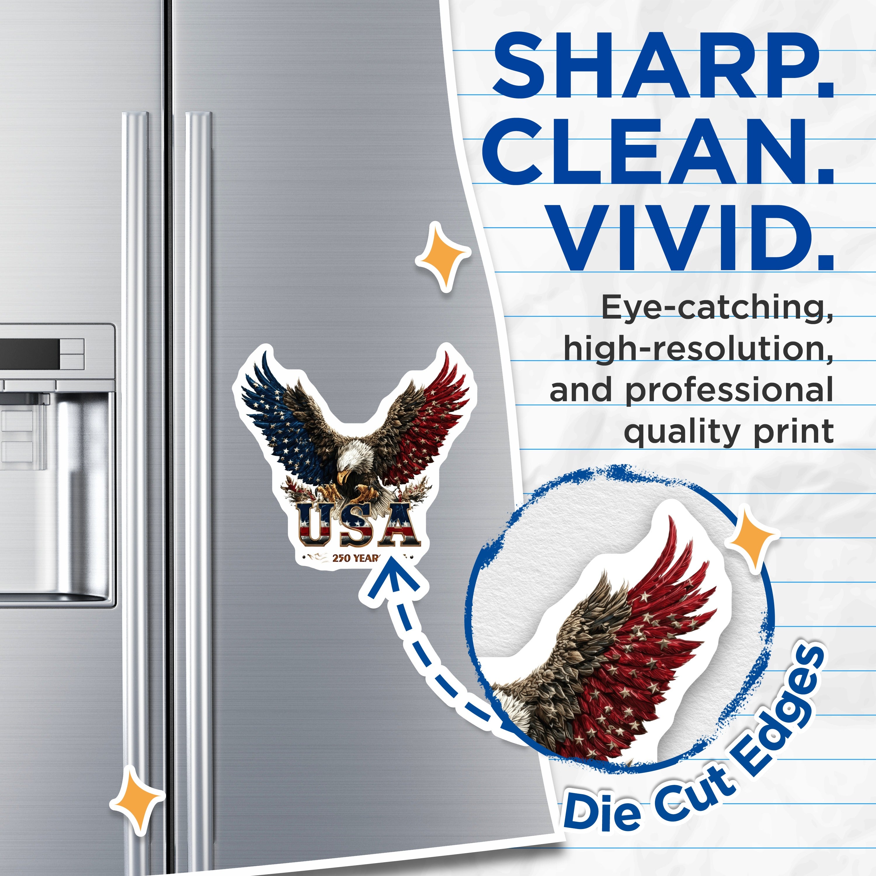 (2 Pack) Patriotic USA Eagle Magnets - 250 Years Anniversary - American Pride Decor - 5 Inches On Longest Side - Thick Durable Magnet - Made in USA - MAG36571