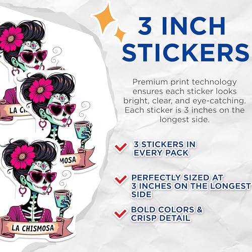(3 Pack) La Chismosa Decals - Calavera - Day of The Dead Decals - 3 Inches On Longest Side - Easy Peel & Apply - Made in USA - 3MCS4373
