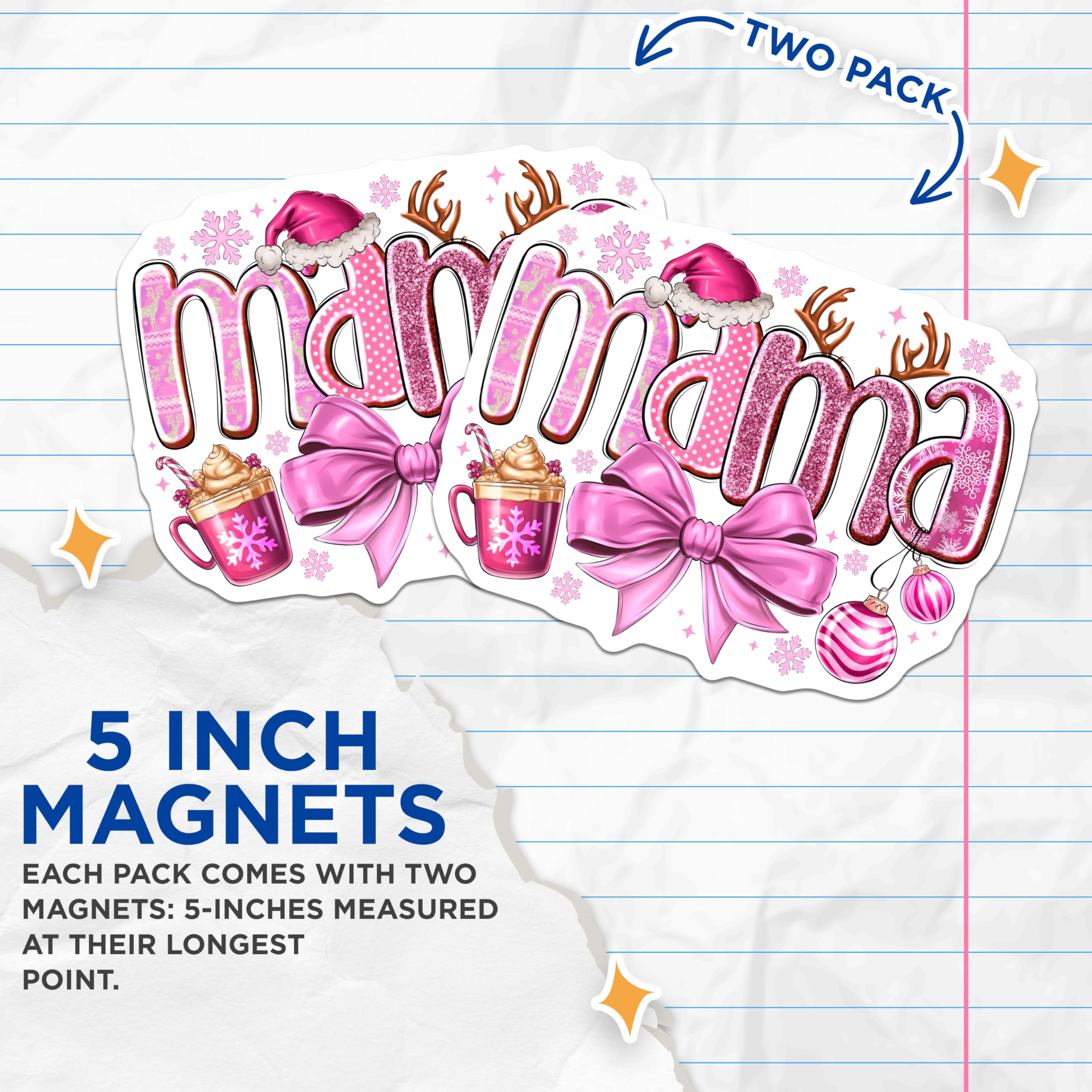 (2 Pack) Pink Christmas Mama Magnets - Cozy Festive Refrigerator Magnet - Holiday Mom Decor Car Accessories - 5 Inches On Longest Side - Thick Durable Magnet - Made in USA - MAG28286