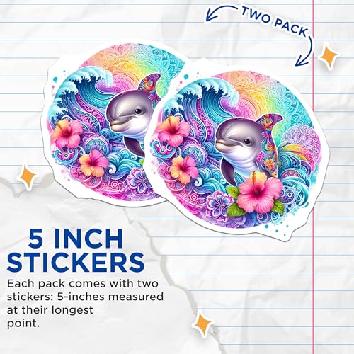(2 Pack) Vibrant Dolphin Stickers - Ocean Wave Hibiscus Decal - Colorful Mandala Art - 5" On Longest Side - Sticks to Smooth Flat Surfaces - Made in USA - BMCS9480
