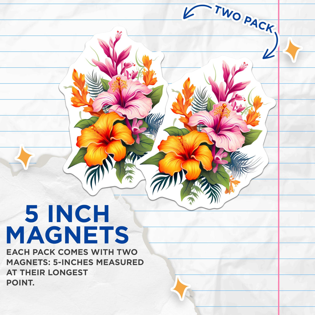 (2 Pack) Tropical Flowers Magnets - Hibiscus Bloom Decor - Exotic Floral Refrigerator Art - 5 Inches On Longest Side - Thick Durable Magnet - Made in USA - MAG19803